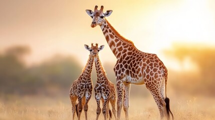 Obraz premium Majestic Giraffe Family at Sunset in African Savanna Landscape