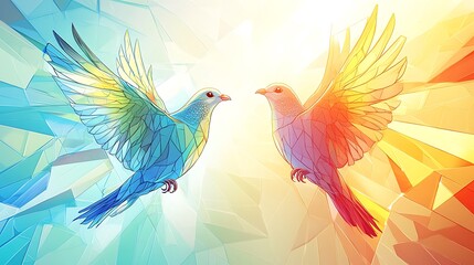 Fototapeta premium Two vibrant, low-poly doves facing each other against a contrasting cool and warm geometric background.