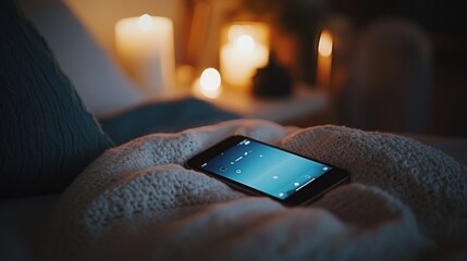 A phone resting on a cozy blanket, illuminated by soft candlelight.