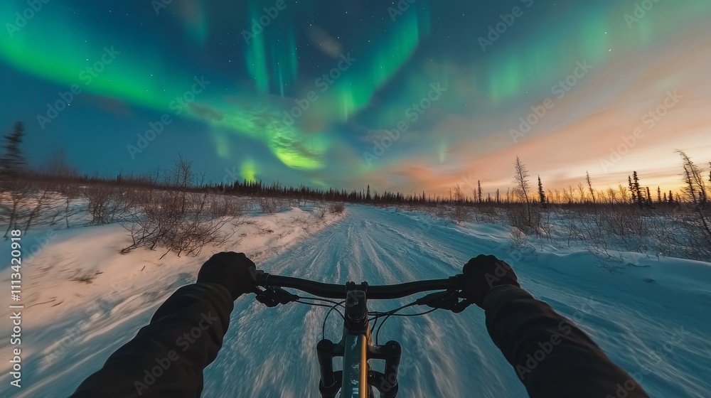 Poster a cyclist enjoys a captivating ride on a snowy path as vibrant northern lights dance in the sky duri