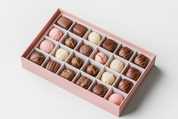 Assorted Gourmet Chocolates in Elegant Pink Box on White Background
