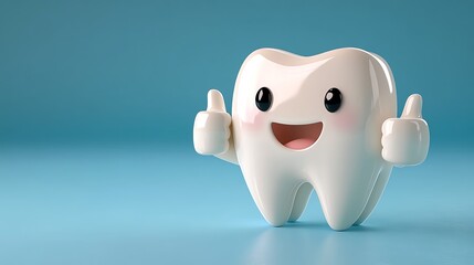 A cheerful cartoon tooth character demonstrating good dental health practices.