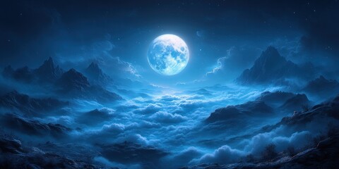 Moonlit Night Landscape Full Moon Casting Light on Cliff with Mist and Fog for Spooky Horror Atmosphere