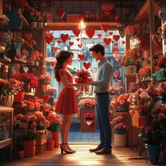 Obraz premium A romantic scene in a flower shop, featuring a couple exchanging a bouquet amidst heart decorations and vibrant floral arrangements.