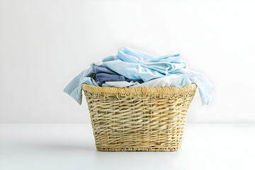 A neatly folded pile of freshly laundered clothes in a basket, displayed against a white background, symbolizing home cleanliness, order, and the importance of domestic chores.