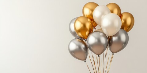 A vibrant bunch of gold, silver, and white balloons floating on a neutral white background, perfect for festive occasions and celebrations