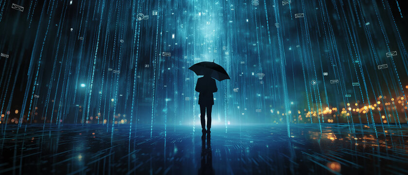 Businessman with umbrella stands in digital rain of binary code and online information.