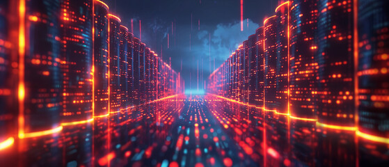 Futuristic Server Room with Glowing Data Streams.