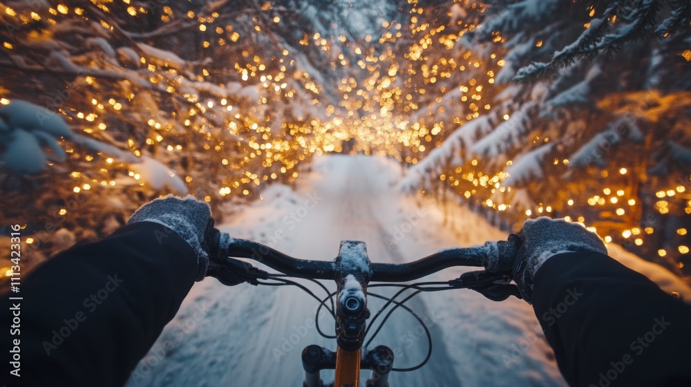 Poster riding a bike along a snowy path in a tranquil forest filled with glowing lights creates a magical a