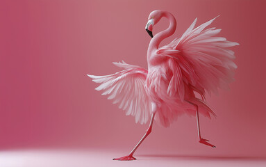 Pink flamingo elegantly running with wings spread against a soft pink background in a vibrant display of beauty and grace
