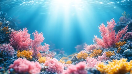 Obraz premium Vibrant coral reef with colorful corals thriving in clear blue water and sun rays.