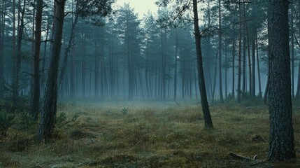 Obraz premium Misty Forest Scene With Tall Pine Trees