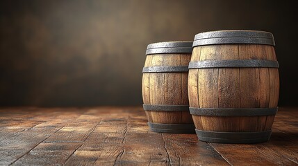 Wooden barrels resting on a rustic wooden floor, perfect for food and drink themes.