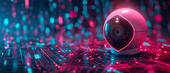 Futuristic security camera on a vibrant circuit board.