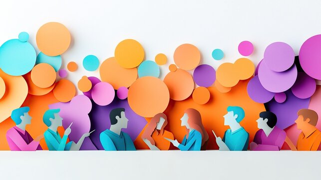 Paper cut-out people talking and gesturing, with colorful circles around them.
