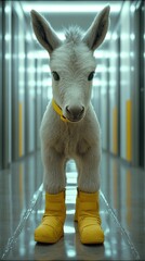 A cute baby donkey in yellow boots standing in a hallway.