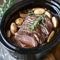 Slow Cooker Pot Roast with Potatoes and Rosemary.