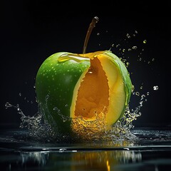 A green apple is cut in half, with a splash of water, and it looks like it's glowing from the inside.