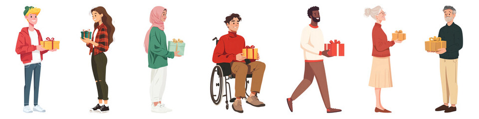 PNG People holding gift box illustration. Christmas people illustration set on transparent background