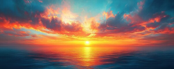 Fototapeta premium Vibrant Tranquil Sunset Seascape with Dreamy Cloud Formations and Golden Light Reflecting on Calm Water at Dusk