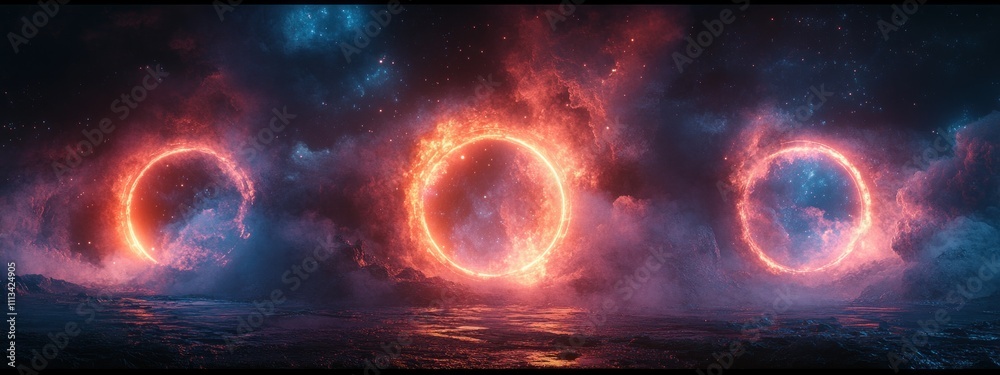 Poster futuristic hologram portal scene with glowing circular portals and cosmic background