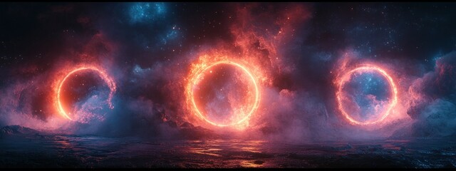 Futuristic Hologram Portal Scene with Glowing Circular Portals and Cosmic Background