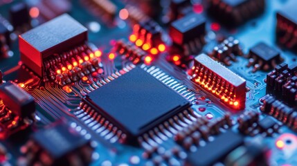 Close-up of a Circuit Board with Red LED Lights