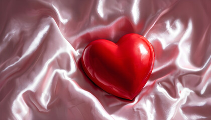 Fototapeta premium A red heart resting in the middle of a pink satin sheet