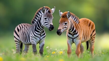Naklejka premium Playful Zebras in Nature's Meadow Under Soft Sunny Light