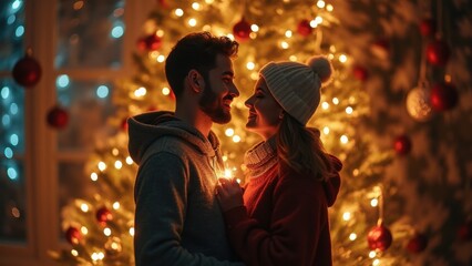 Couple Embracing and Smiling Joyfully by the Christmas Tree Celebrating the Festive Season