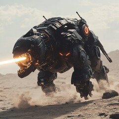 A futuristic robotic dog runs through a desert landscape, firing a laser beam from its mouth.