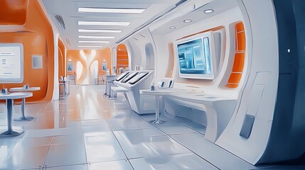 Futuristic spaceship interior corridor with orange and white design, featuring sleek consoles, screens, and seating areas.