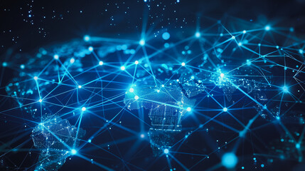 abstract business connection of line from nail node to node on world map background Innovation network points Earth's surface