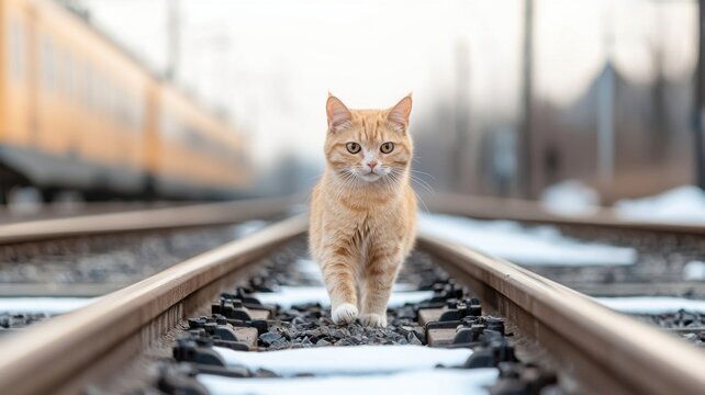 Abandoned lonely cat outdoor. A cat walking along train tracks in a serene, snowy landscape.