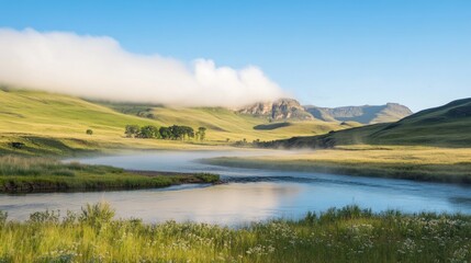Obraz premium Serene River Valley Mist Shrouded Mountainscape