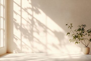 Serene Peach Beige Interior Studio with Natural Light and Soft Shadows for Tranquil Background Display