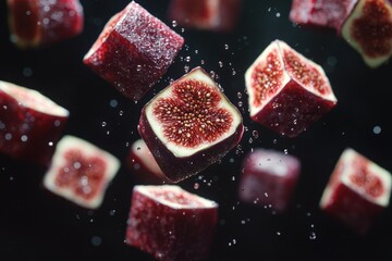 Floating Fig Cubes – Juicy and Vibrant Purple Exotic Fruit Perfect for Healthy Snacks, Creative Recipes, and Artistic Food Photography