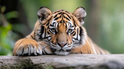 Obraz premium Close-Up Portrait of a Majestic Tiger Resting on a Log