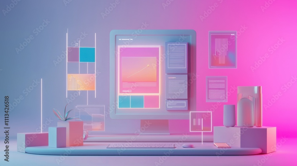 Poster modern elegant prototype mockup with dimensional design elements and colorful graphics