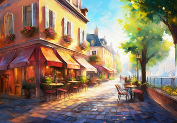 Fototapeta premium Morning of European city street scene in oil painting style