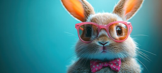 Obraz premium Cool Easter Bunny Rabbit in Pink Sunglasses and Bow Tie on Blue Background for Funny Holiday Celebration Greeting Card