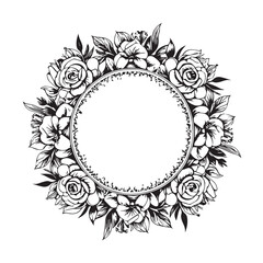 Simple botanical circle frame with roses. Elegant black and white floral wreath. Vintage floral border for decorative designs
