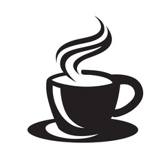 Minimalist line drawing of a steaming hot beverage. Simple black and white illustration of a coffee cup. Classic coffee cup icon for cafe or restaurant