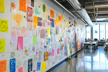 Walls adorned with vibrant sketches show a collaborative environment bustling with creativity