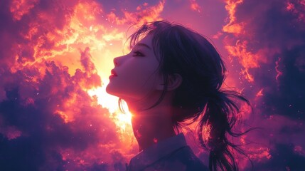 Smiling Woman Looking Up at the Sky in a Summer Illustration