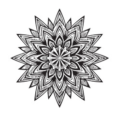 Intricate black and white mandala with sacred geometry patterns. Detailed mandala design for meditation and relaxation. Ornate geometric mandala line art