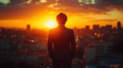 Fototapeta premium Man in Suit Overlooking City at Sunset