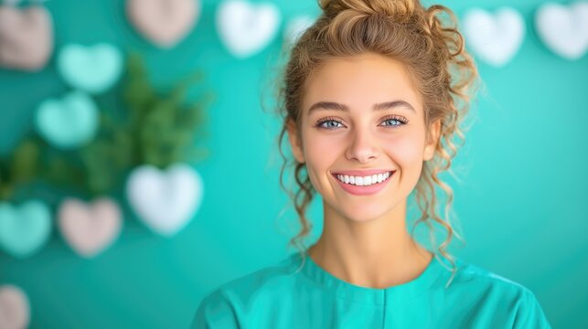 Smiling young caucasian woman with curly hair against heart background. The concept of dentistry, prevention and treatment of teeth
