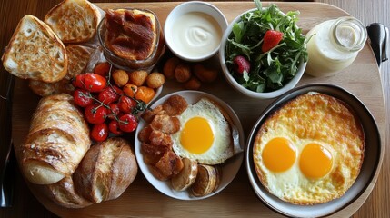 Lavish breakfast platter with eggs, bread, and fresh salad. Perfect for showcasing healthy and delicious morning meals.