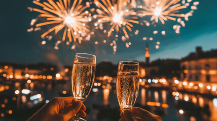 Celebratory Toast with Fireworks in the Night Sky